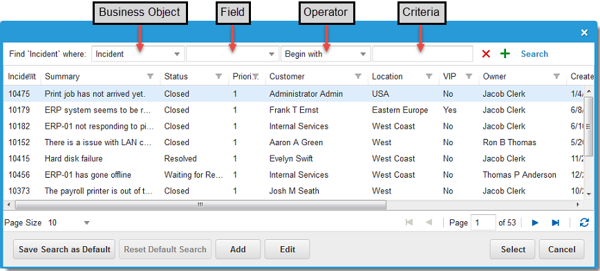 Record search window showing linking fields